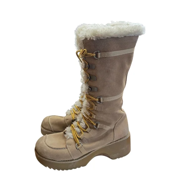 Report Icon Leather Tan Faux Fur Chunky Platform Lace Up Boots 7.5 - Picture 5 of 10